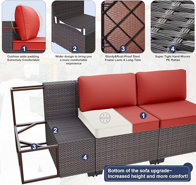 Patio Furniture Set 14-Pieces Outdoor Furniture for Backyard Wicker Sectional Sofa Set, Rattan Patio Conversation Set with Thickened Cushions and Glass Coffee Table, Red