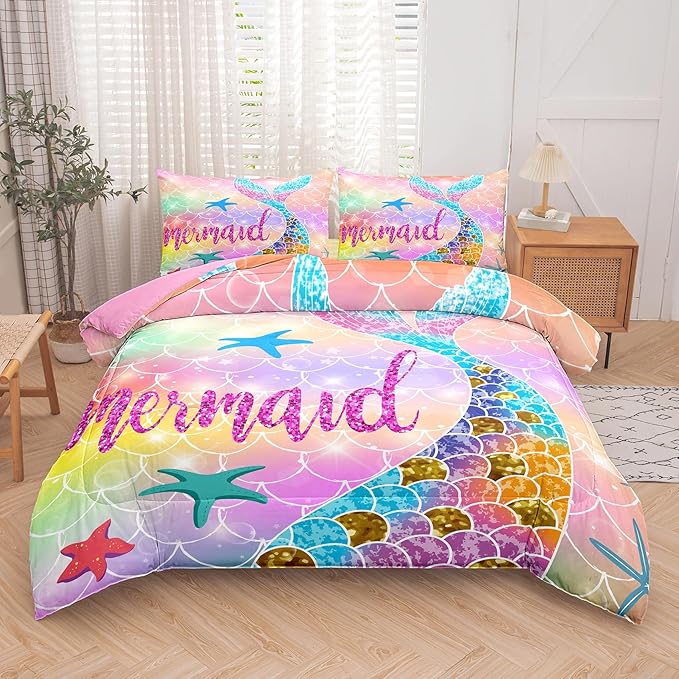 NINENINE Mermaid Comforter Set,Queen Size Princess Bedding Sets for Girls,Glitter Comforter Sets for Girls,Kids Colorful Fish Bedding Sets with 1 Comforter 2Pillowcases…