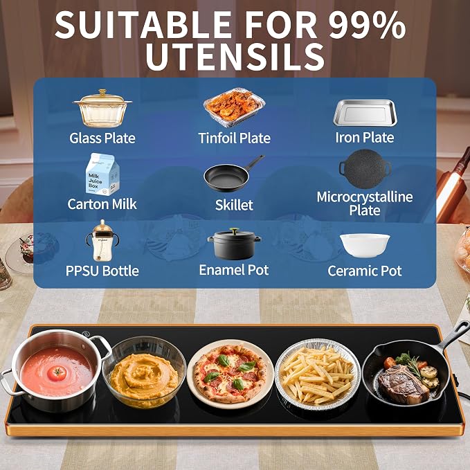 Warming Trays for Buffets Party, 40"x12", Tempered Glass Food Warmer, Black | Keep Food Warm,Electric Warming Mat For food for Daily Use, Button Temperature Control,Full Surface Warm,Build-in Thermostat