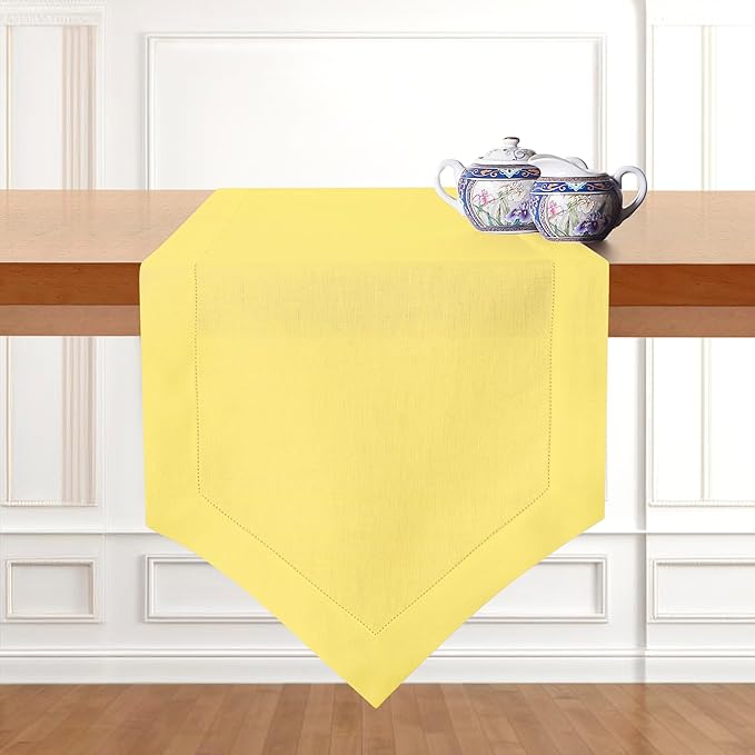 D'Moksha Homes Lemon Yellow Linen Table Runner 108 Inches Long - 100% Pure Linen Diamond Table Runner 14 x 108 Inch for Dining, Fall and Halloween - Machine Washable
