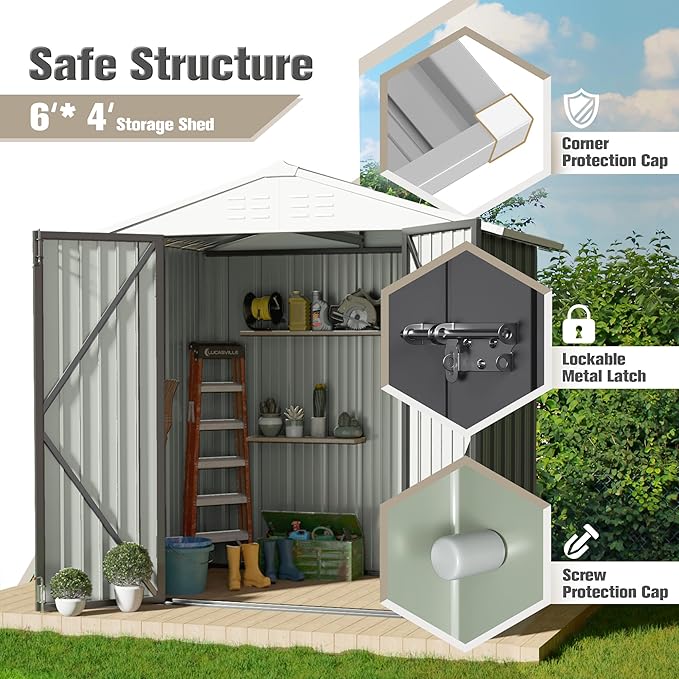 JUMMICO Metal Outdoor Storage Shed 6 x 4 FT Metal Shed with Lockable Door,Waterproof Garden Tool Shed Storage House for Backyard Patio Lawn,Grey