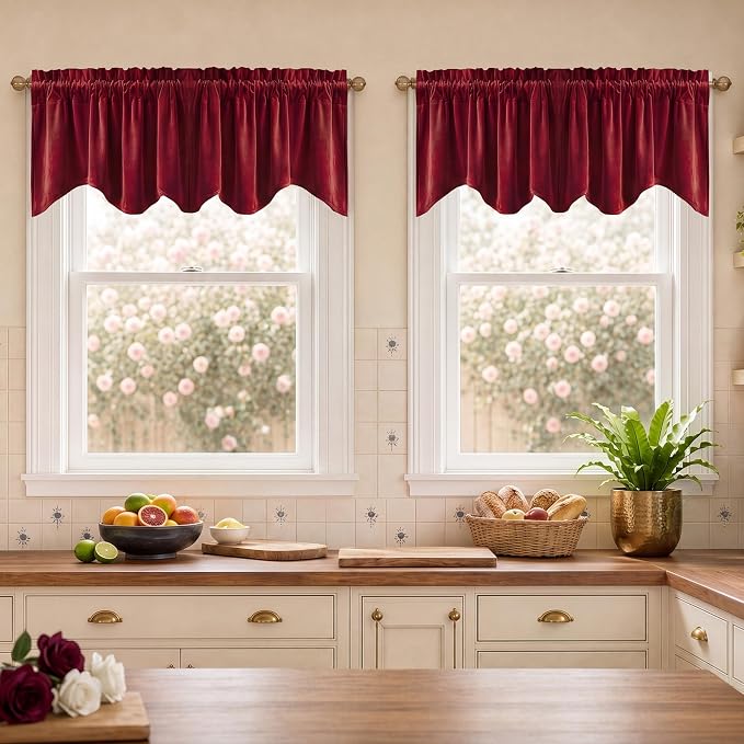 Red Christmas Velvet Window Valance 52x18 Inch 4-Panel Set | Soft Wavy Kitchen Curtains for Windows, Luxury Fabric Aesthetic Window Treatment for Bay Window, Living Room