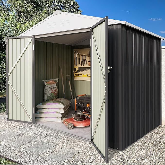 Greesum 8x6FT Outdoor Storage Shed, Utility Tool Shed Metal Storage Garden Shed with Door & Lock for Patio Storage, Gray