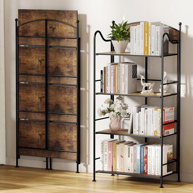 Folding Bookshelf No Assembly, 4 Shelf Black Folding Bookcase with Sturdy Metal Frame, Vintage Open Standing Collapsible Shelves for Bedroom, Living Room, Home Office Organization