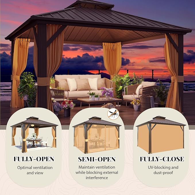 YOLENY 12' x 12' Hardtop Gazebo, Metal Gazebos with Aluminum Frame, Double Galvanized Steel Roof, Curtains and Netting Included, Pergolas for Patios, Garden, Parties, Lawns