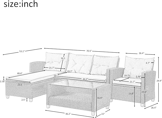 4 Piece Outdoor Patio Furniture Set, Sectional Conversation All-Weather Grey PE Wicker w/Seat Cushions for Backyard Porch Garden Poolside Balcony, Onesize, Ob-Beige