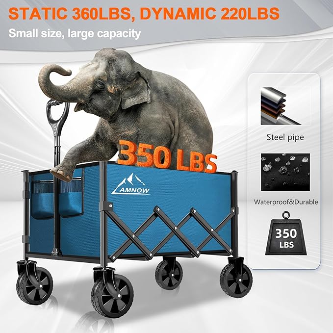 Collapsible Folding Wagon Cart, 350LBS Utility Large Capacity Cart Foldable Wagon with All Terrain Wheels, Grocery Wagons Carts for Garden Shopping Sports Camping, Blue