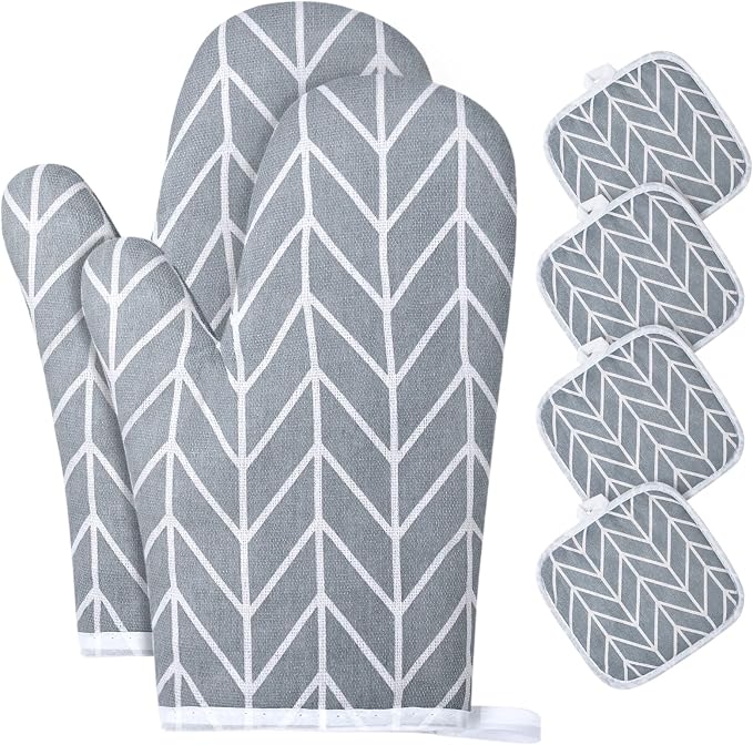 AUAUY Oven Mitts and Pot Holders 6PCS Set, 392°F Heat Resistant Cooking Gloves and Hot Pads Baking Mittens BBQ Gloves, Top Kitchen Gadgets, Non-Slip Kitchen Mittens for Oven Cooking Baking Grilling