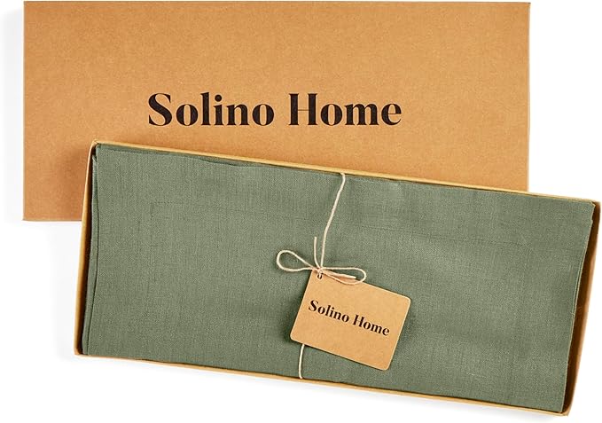 Solino Home Linen Oil Green Table Runner 90 Inches Long - 100% Pure Linen 14 x 90 Inch Table Runner for Fall, Autumn, Thanksgiving - Fete