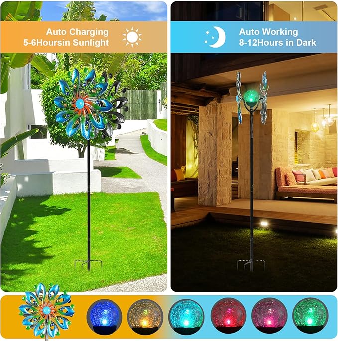 Wind Spinners for Yard and Garden - Wind Sculptures & Spinners, 75 Inch, Navy Blue, Kinetic Art with Solar Powered Multi-Color Glass Ball Light