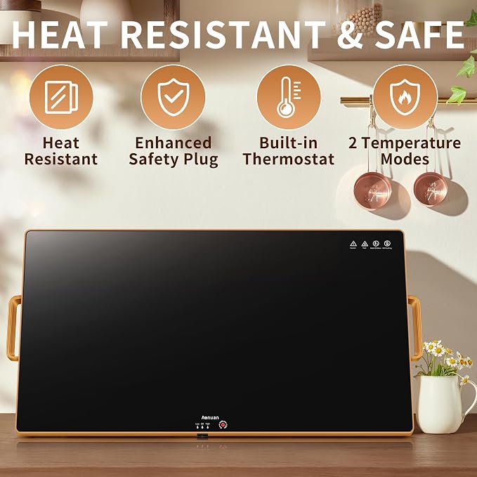 Warming Trays for Buffets Party, 32"x18", Tempered Glass Food Warmer, Black | Keep Food Warm, Gold Handles Food Warming Mat for Daily Use, With Thermostat, Button Temperature Control, Full Surface Warm