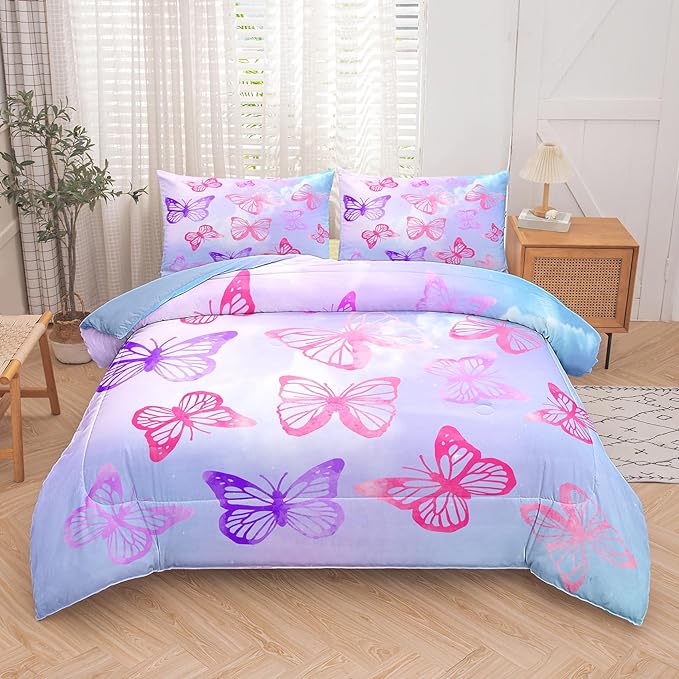 Tailor Shop Butterfly Comforter Sets Twin Size,Purple Butterfly Bedding Sets for Girls Kids Teens with 1 Pillowcase…