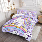 Axolotl Rainbow Unicorn Bedding Set Twin,Purple Unicorn Kids Comforter Sets with Stars Cloud for Girls,1 Quilt with 2 Pillowcases for Girls Kids Teens Children Adults Bedroom Decor All Season