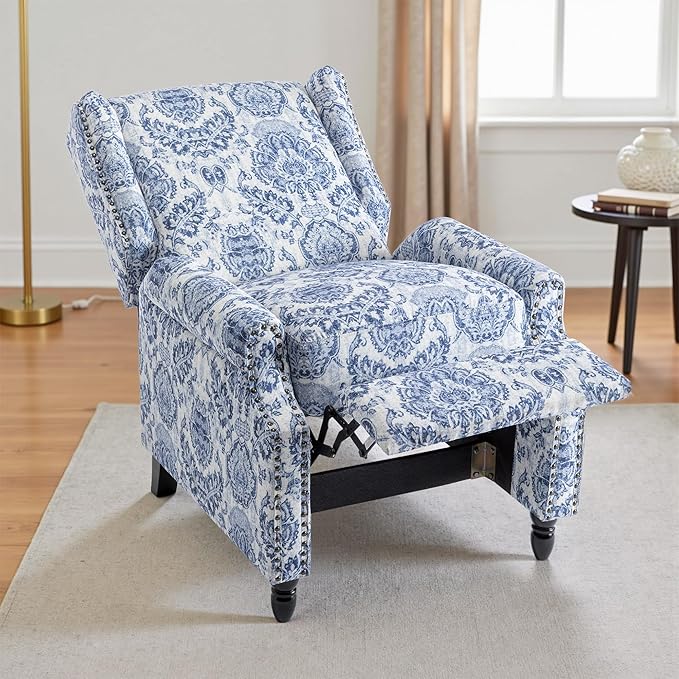 UIXE Floral Pushback Recliner Chair, Fabric Upholstered Armchair Push Back Accent Chair for Living Room, Rivet Trim Club Chair Home Theater Single Sofa Reading Seat - Navy Blue