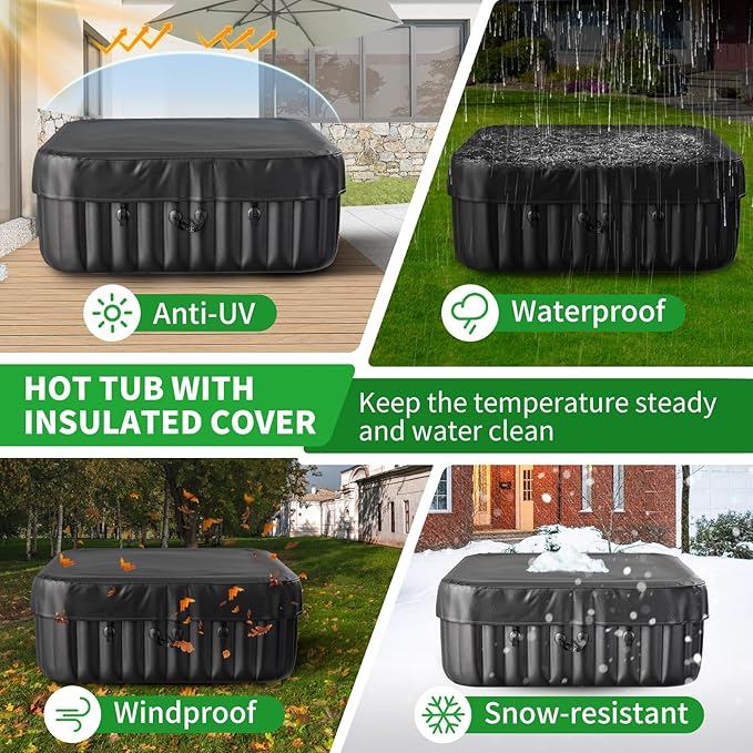 2-4 Person Inflatable Hot Tub, Square Blow Up Portable Hot Tub, Leak-Proof PVC Outdoor Spa with 120 Strong Air Jets, Heater Pump and Insulated Cover, 60” X 60”X 25”