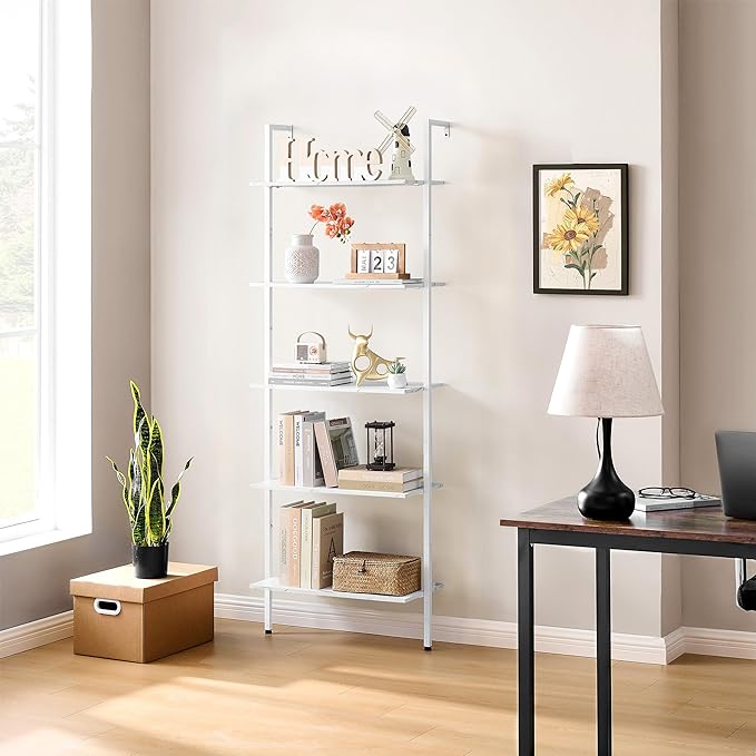 Tajsoon 25.2''W Ladder Shelf Bookshelf, 5 Tier Wall Shelf with Metal Frame, Modern Open Wall Mount Bookcases for Home, Office, Balcony, Plant Flower, White