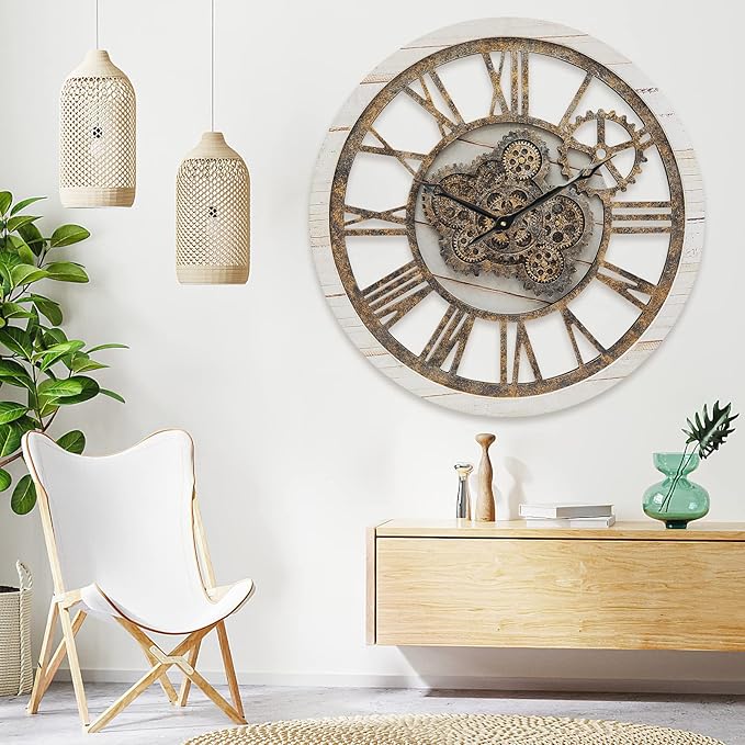 HOIBAI Wall Clock, 24 Inch Moving Gears Clock Large Wall Clock for Living Room Decor Rustic Vintage Industrial Steampunk Farmhouse Big Clock for Home Kitchen Bedroom Office
