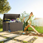 Greesum 100 Gallon Resin Deck Box Large Outdoor Storage, Imitation Rattan Weave Texture for Patio Furniture, Garden Tools, Pool Supplies, Weatherproof and UV Resistant, Lockable, Light Coffee