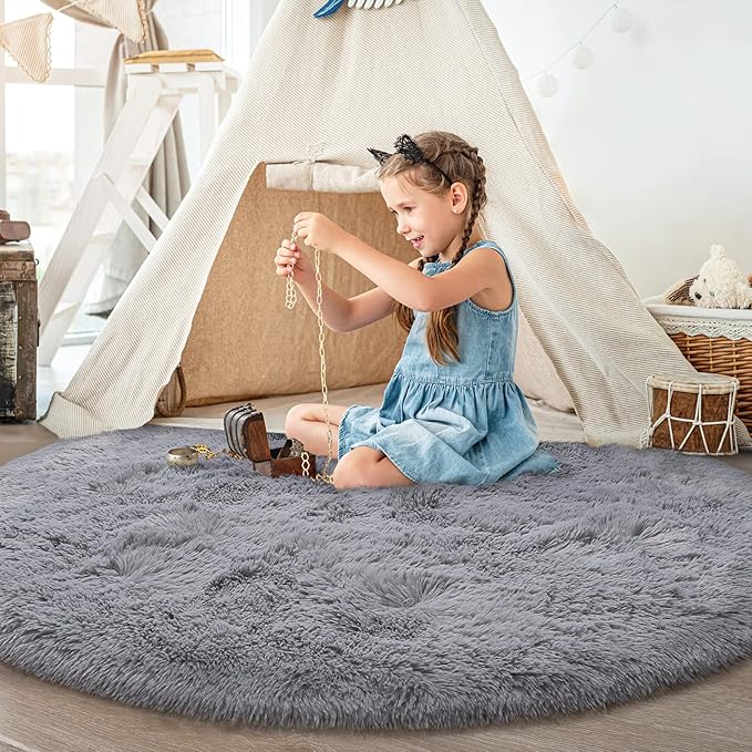 Grey Round Rug for Bedroom, Super Fluffy Circle Rugs for Baby Nursery, 5'X5' Feet Furry Carpet for Children Kids Room, Cute Soft Shaggy Rug for Girls Home Decor, Fuzzy Plush Carpets for Dorm