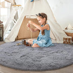 Grey Round Rug for Bedroom, Super Fluffy Circle Rugs for Baby Nursery, 5'X5' Feet Furry Carpet for Children Kids Room, Cute Soft Shaggy Rug for Girls Home Decor, Fuzzy Plush Carpets for Dorm