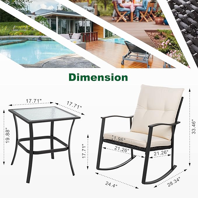 Shintenchi Outdoor 3-Piece Rocking Bistro Set,Wicker Patio Furniture Porch Chairs Conversation Sets with Glass Coffee (Beige Cushion)