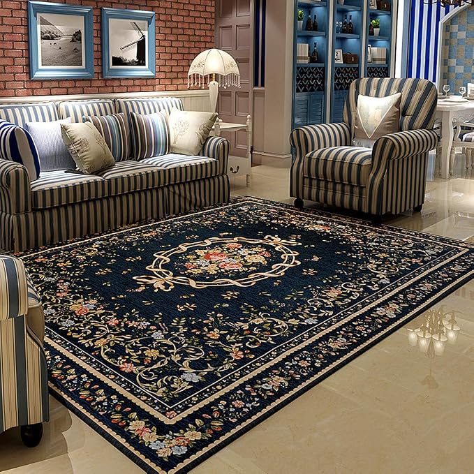 Elegant Traditional Accent Floral Floor Rugs Vintage Rustic Area Rugs for Living Room Bedroom Dinning Room, 55'' x 79'', Navy Blue
