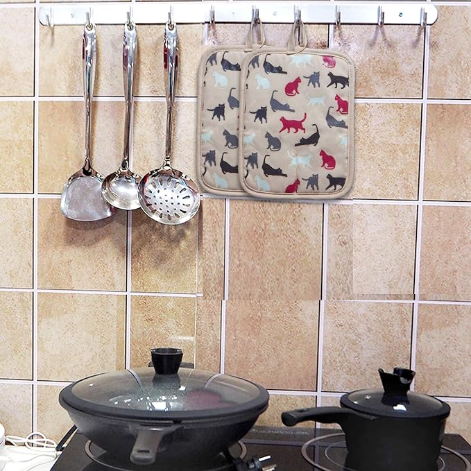 Pot Holders Set of 2 Heat Resistant 480 ℉ Kitchen Non Slip Clear Silicone Printed Comfortable Cotton Lining Women Men Cooking Barbecue Microwave Machine Washable (Cat, Khaki Potholders)