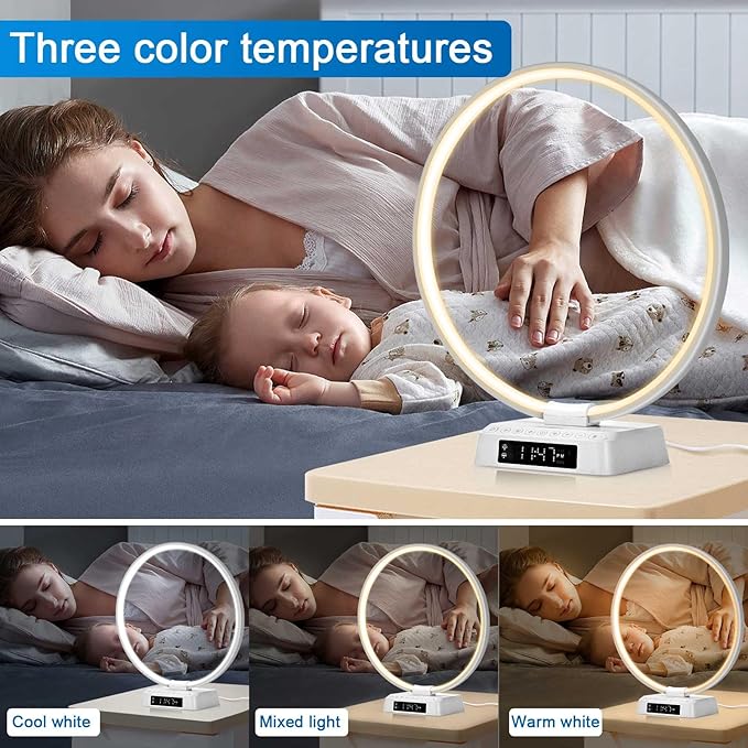 Light Alarm Clock Wake up Light Bioclock Adjustment Sunrise Alarm Clock Awakening lamp Bedside lamp Table lamp Nightstand Lamp Aureole Ring Light
