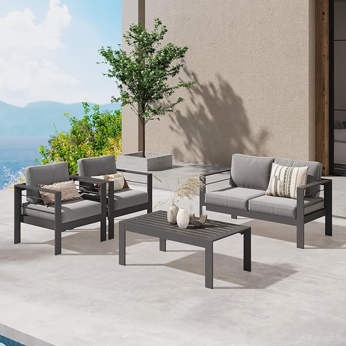 Wisteria Lane Outdoor Patio Furniture Set, 4 Pieces Aluminum Sectional Sofa, Metal Patio Conversation Set with Loveseat, 5 Inch Grey Cushion and Coffee Table (Dark Grey & Grey)