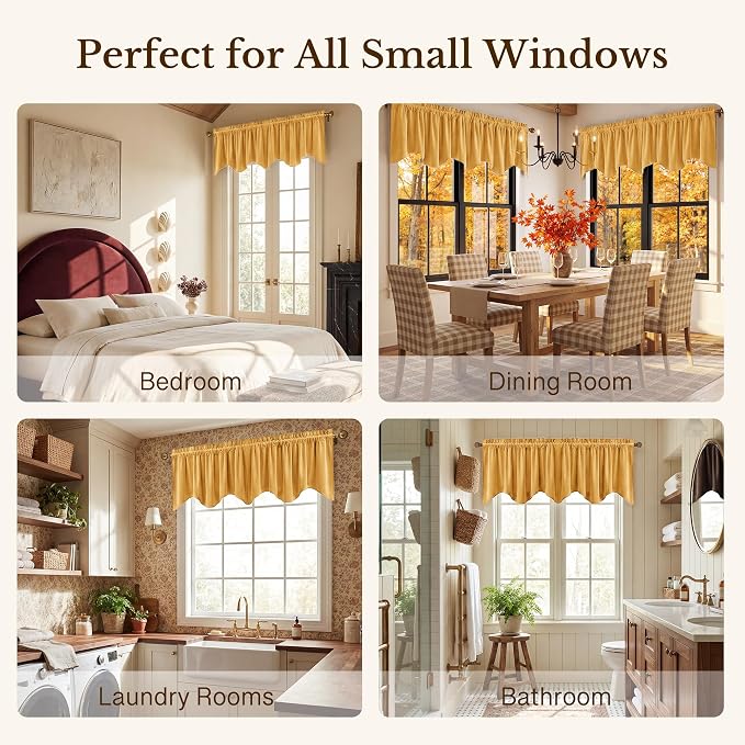 Yellowish Gold Scalloped Velvet Valance, Luxury Gold Wavy Window Treatments for Kitchen, Decorative Rod Pocket Short Drapes for Farmhouse, 52x18 Inch, 4 Panel Set