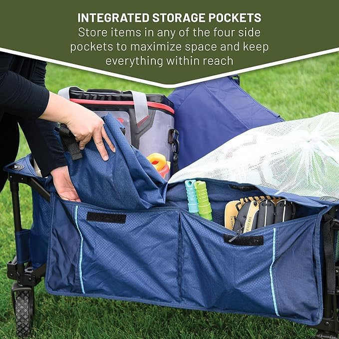 TIMBER RIDGE Tailgate Collapsible Folding Wagon Cart, Heavy Duty Utility Push Pull Beach Wagon Foldable, Outdoor Grocery Cart with Side Pockets for Camping, Garden, Shopping, Holds 225 lbs, Blue