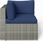 SUNVIVI OUTDOOR 7 Piece Patio Furniture Sets All Weather Gery PE Wicker Couch Sofa with Glass Table, Removable Navy Cushions