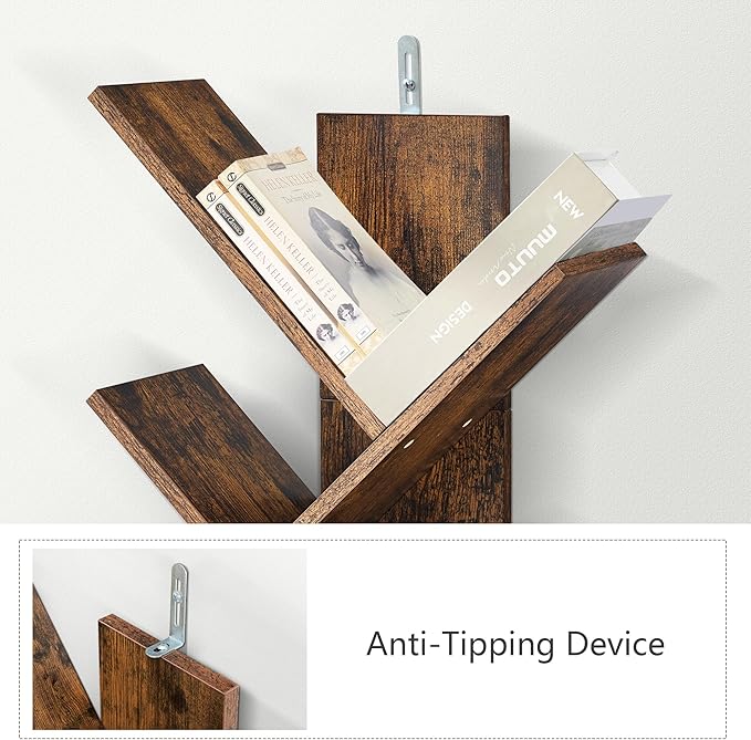 4 Tier Tree Bookshelf with Drawer, Small Tree Bookcase, Table Top Book Shelf Organizer Shelves for Living Room, Bedroom, Home Office, Rustic Brown