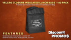 DISCOUNT PROMOS 100 Hook and Loop Insulated Lunch Bags Set - Customizable Text, Logo - Polyester, Durable, Vibrant, Reusable - Black