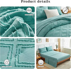 7 Pieces Tufted Bed in a Bag Queen Comforter Set with Sheets Green, Soft and Embroidery Shabby Chic Boho Bohemian, Luxury Solid Color with Diamond Pattern, Jacquard Tufts Bedding Set for All Season