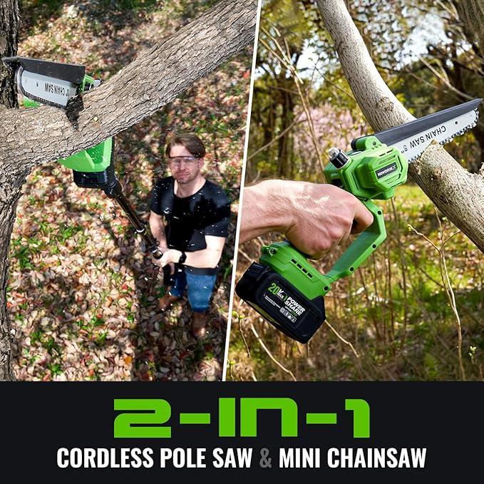 2-in-1 Cordless Pole Saw & Mini Chainsaw 20V 3.0AH 8-Inch 15FT Reach Electric Tree Trimmer Battery Powered Chainsaw with Extension Pole for Tree Trimming Branch Cutting Pruning