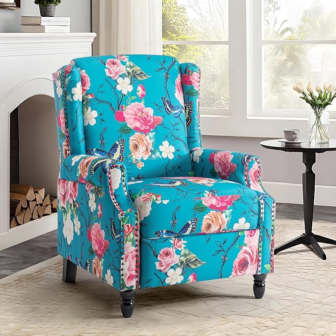 UIXE Floral Pushback Recliner Chairs Set of 2, Fabric Upholstered Armchair Push Back Accent Chair for Living Room, Rivet Trim Club Chair Home Theater Single Sofa Reading Seat - Peacock Blue