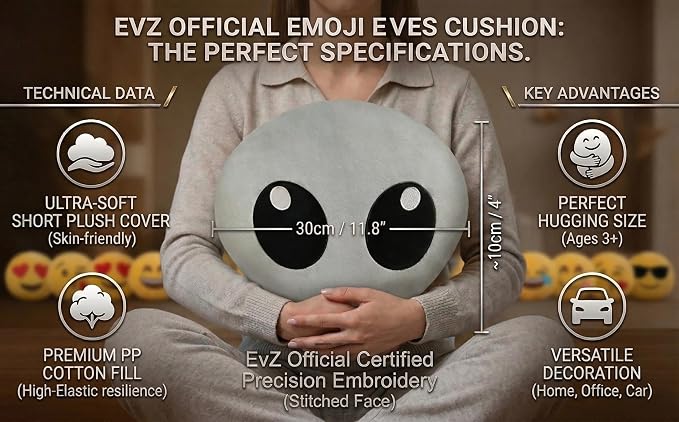 EvZ Official Certified Alien Emoji Pillow - 31cm Large Soft Plush Grey Outer Space Emoticon Cushion - Unique Decorative Stuffed Toy for Sci-Fi Fans, Techies & Modern Room Decor (Grey)