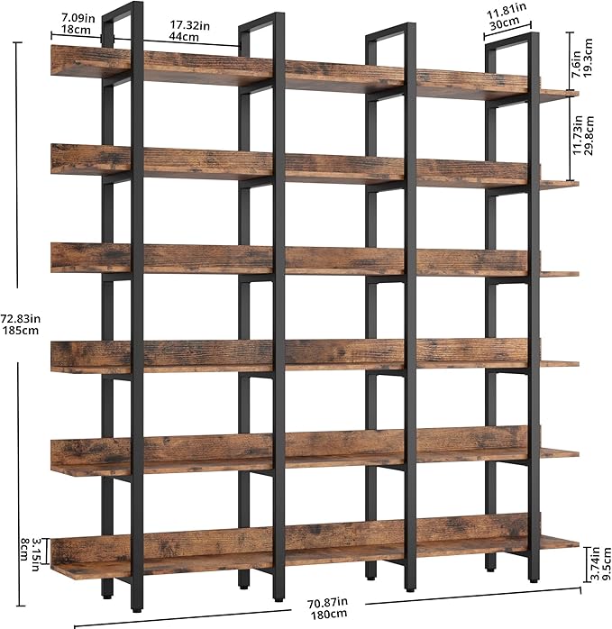 IRONCK Bookcase and Bookshelves Triple Wide 6-Tiers Large Open Shelves, Etagere Bookcases with Back Fence for Home Office Decor, Easy Assembly, Vintage Brown