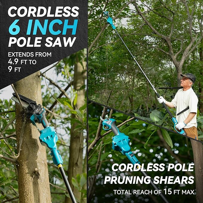 SEESII 4-in-1 Pole Saw & Pruning Shears Combo Kit, 6 Inch Mini Chainsaw for Tree Trimming, Battery Powered Chain Saw with Extension Pole, Limb Branch Cutter Pruner with 2 x 4000mAh Batteries