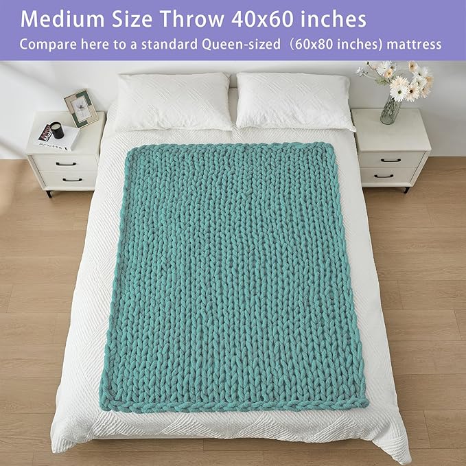 Bigacogo Chunky Knit Throw Blanket for Couch, 40x60 inches, 100% Hand Knitted with Thick Jumbo Chenille Yarn, Cozy Soft Large Rope Knot Cable Crochet Blankets for Sofa Bed Living Room, Light Teal