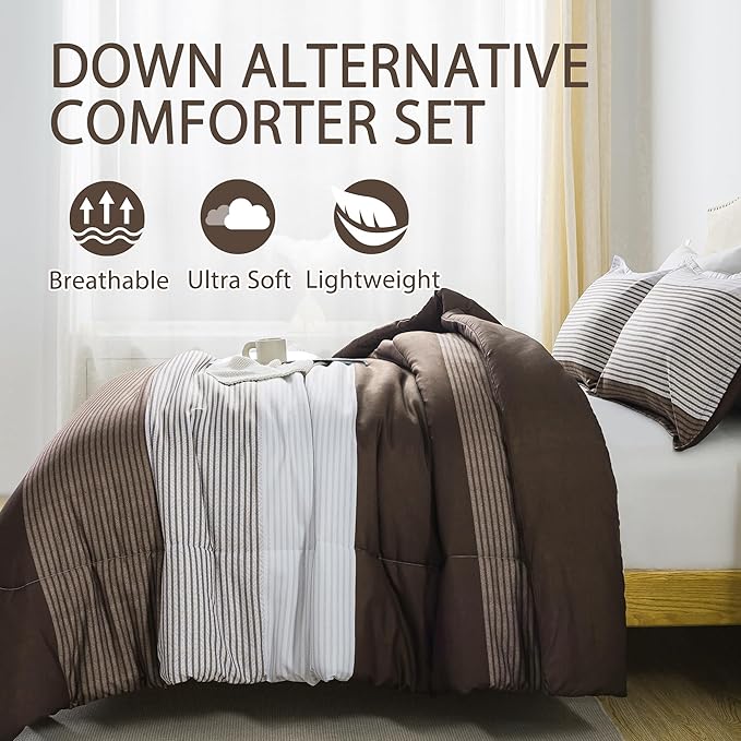 Andency Stripe Comforter Set Full Size (79x90 Inch), 3 Pieces Brown Patchwork Striped Comforter, Soft Microfiber Down Alternative Comforter Bedding Set with Corner Loops