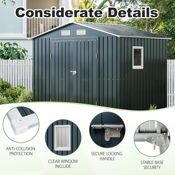 Breezz 6x8FT Outdoor Steel Storage Shed with Frame Floor,Clear Window, Lockable Doors, Weather-Resistant Metal Tool Shed for Garden, Backyard, Patio, and Utility Storage