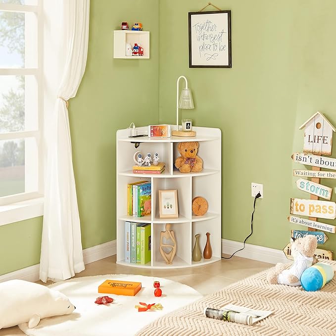 Vecelo Corner Cabinet with Charging Station, 3-Tier Cube Storage Organizer with USB Ports and Outlets, Triangle Bookcases with 8 Cubbies for Playroom, Bedroom, Living Room, Ivory White