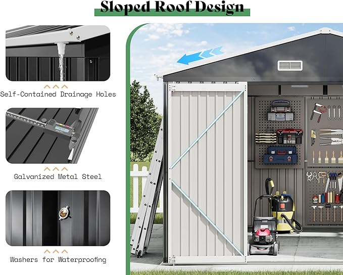 AMERLIFE 10x12x7 FT Metal Storage Shed with 2 Transparent Panels, Outdoor Tool Shed with Hinged Double Doors, Windows & Vents, Reinforced Steel Frame for Backyard Garden, DIY Workshop, Dark Gray