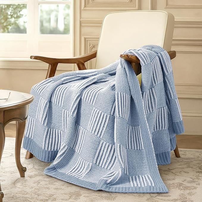 Amélie Home Chenille Knit Throw Blanket for Couch, Checkered Texture Decorative Soft Blanket for Sofa, Bed & Living Room, 50"x60", Blue & White