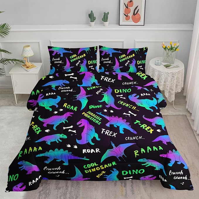 Axolotl Cartoon Dinosaur Bedding Set,Twin Size Kids Bed Set,Gradient Dinosaur Comforter Set,1 Quilt with 2 Pillowcases for Boys Girls Kids Teens Children Adults Room Decor All Season,Black