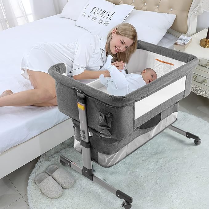 Bedside Sleeper Bedside Crib, Baby Bassinet 3 in 1 Travel Baby Crib Baby Bed with Breathable Net,Adjustable Portable Bed for Infant/Baby(Deep Grey)