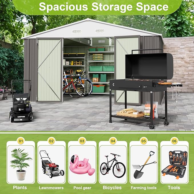 JUMMICO 10 x 10 FT Outdoor Storage Shed, Large Metal Garden Shed & Tool Sheds for Backyard Garden Patio Lawn (Grey)