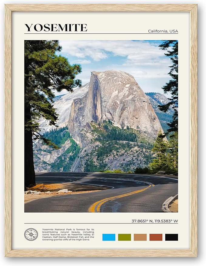 HesenDot Natural OAK Wood Yosemite National Park Framed Wall Art,12x16in Natural Scenery Canvas Wall Print,Classic Urban Landmark Wall Decor for Living Room,Bedroom,Office Gallery Gifts Set of 1